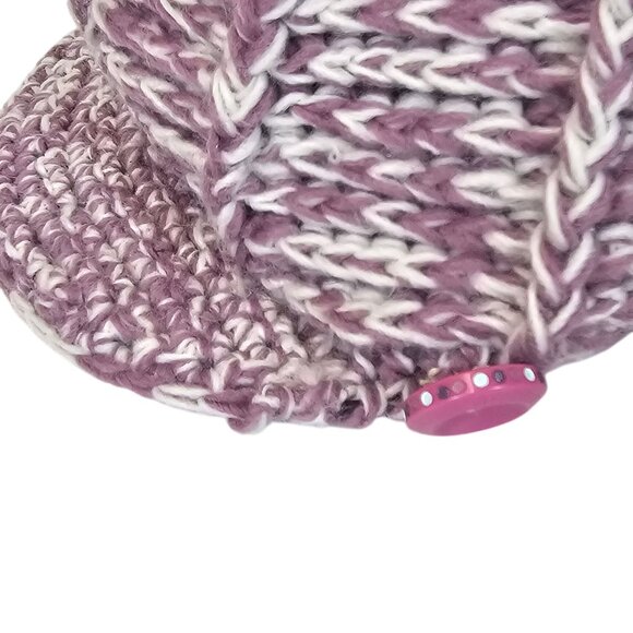 Ladies OS Fall Winter Warm Cozy Cable Knit Wool Riding Cap Purple White Pom Pom - Picture 4 of 16